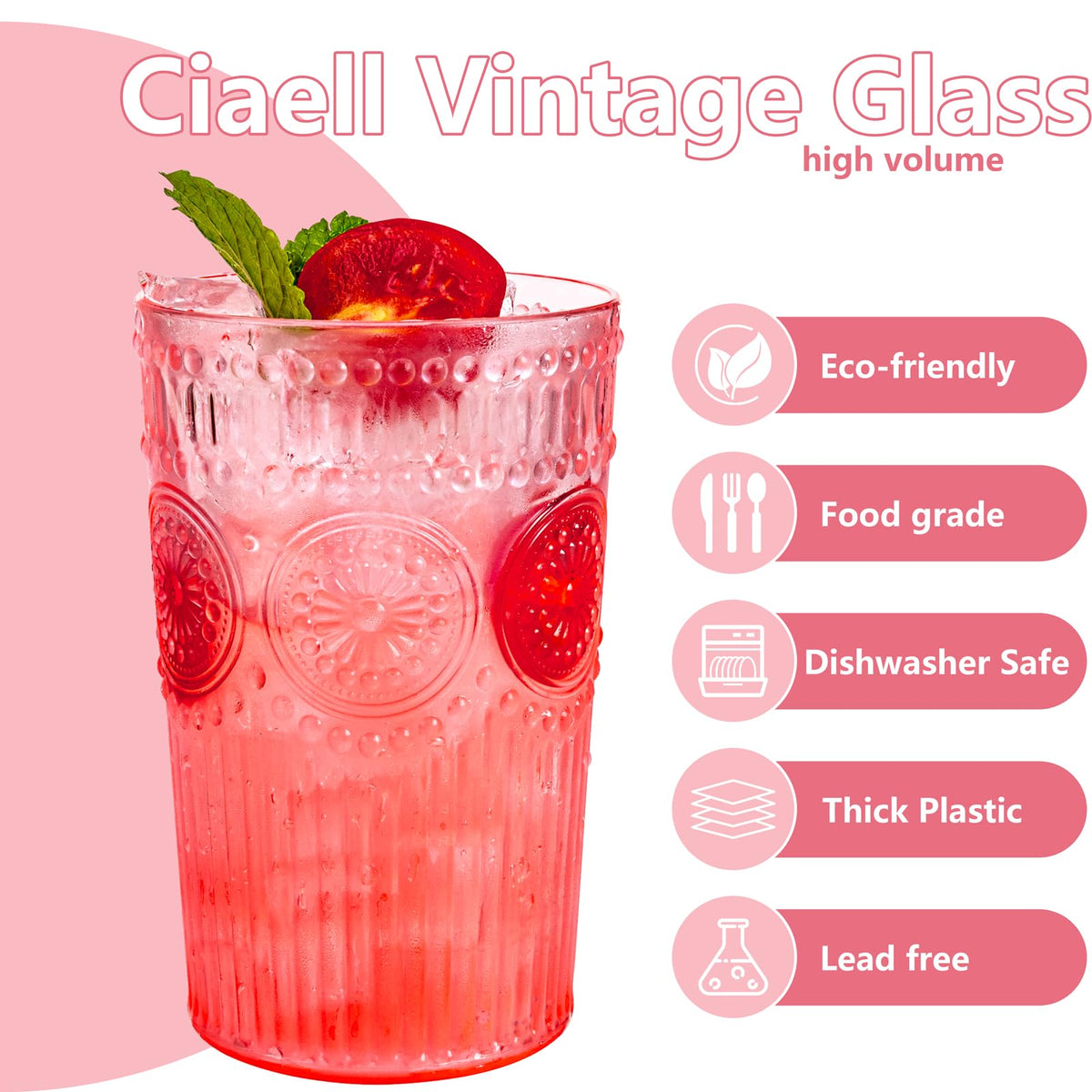 Ciaell pink plastic glasses on a dining table for everyday use.
