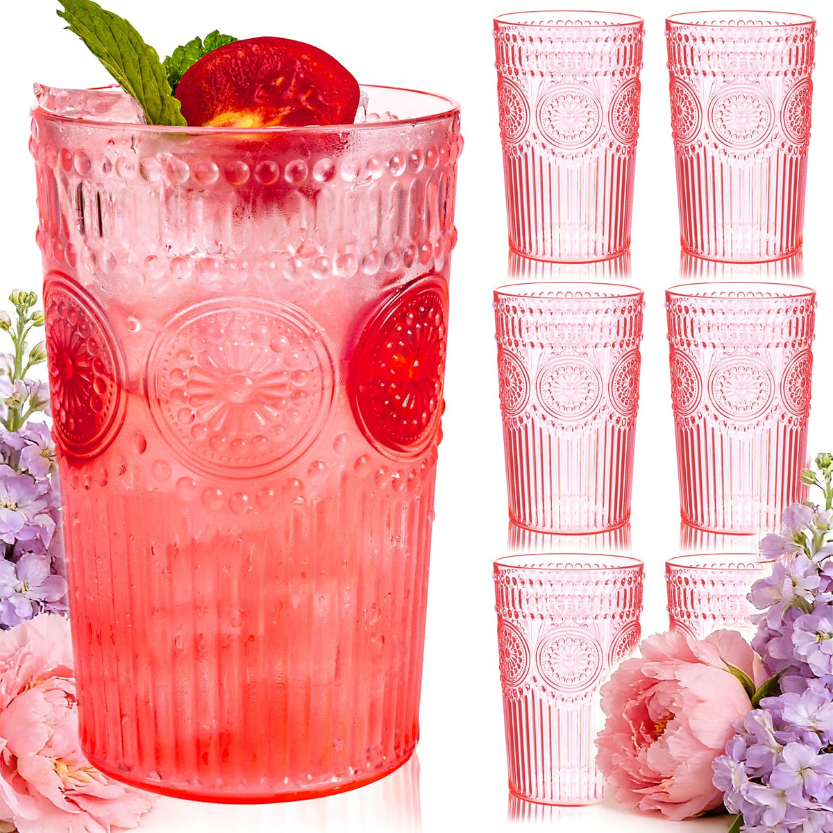 Ciaell romantic pink vintage glasses front view, ideal for entertaining guests.