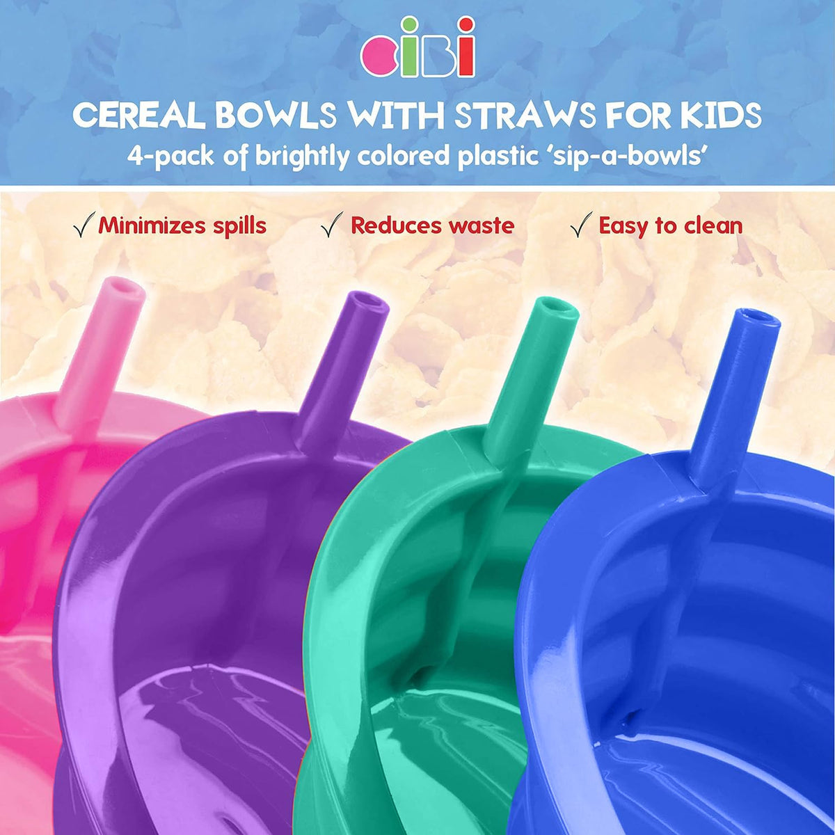 Cibi bright color sip bowls for kids, easy breakfast fun.
