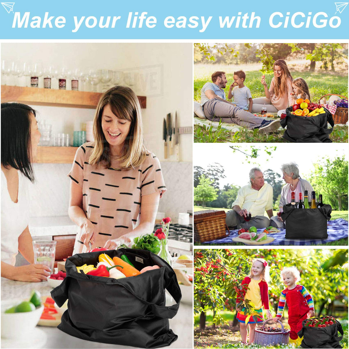 CiCiGo reusable tote bags with ripstop waterproof fabric for rain protection.
