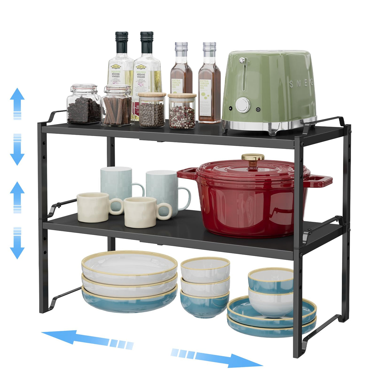 Cidaziya 2pack expandable shelves in a kitchen organized for pantry items and cookware