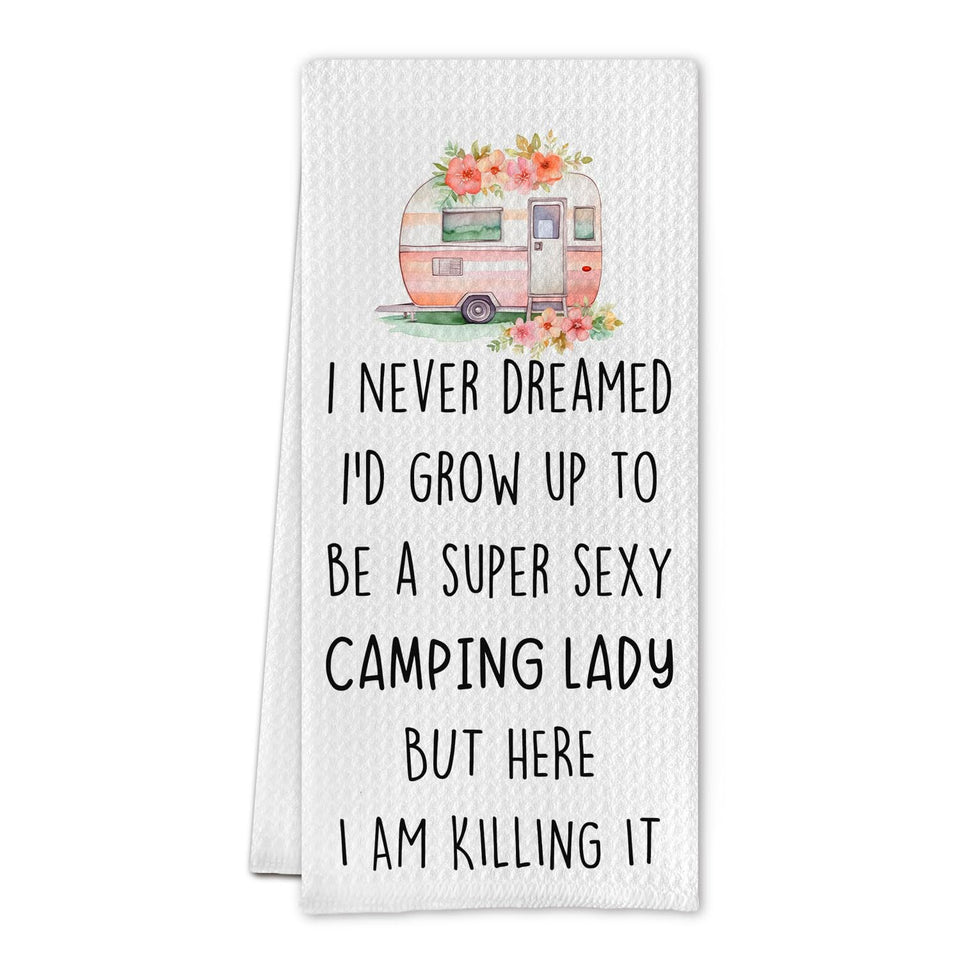 Cilrii camping kitchen towel laid out for quick dish drying in a campground setting.