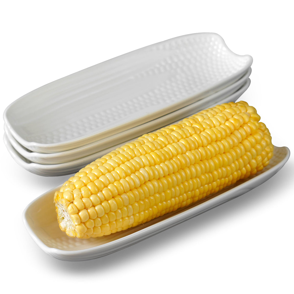 Cinf corn dish set of four in white porcelain, ideal for family meals.