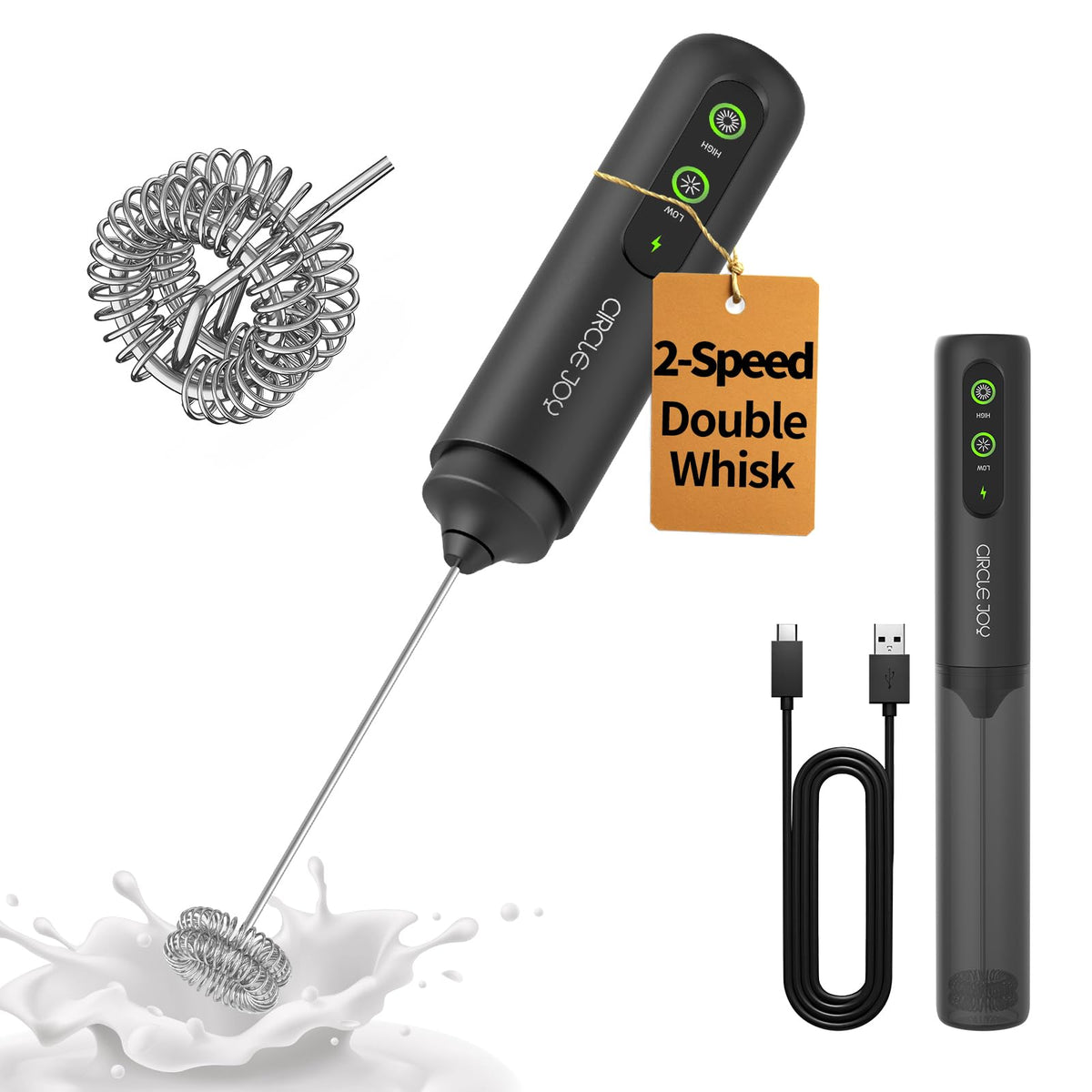 Circle Joy 2-speed milk frother handheld demonstrating quick, creamy foam capability