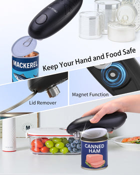 CIRCLE JOY battery-powered can opener uses 4 AA batteries for versatile kitchen use.