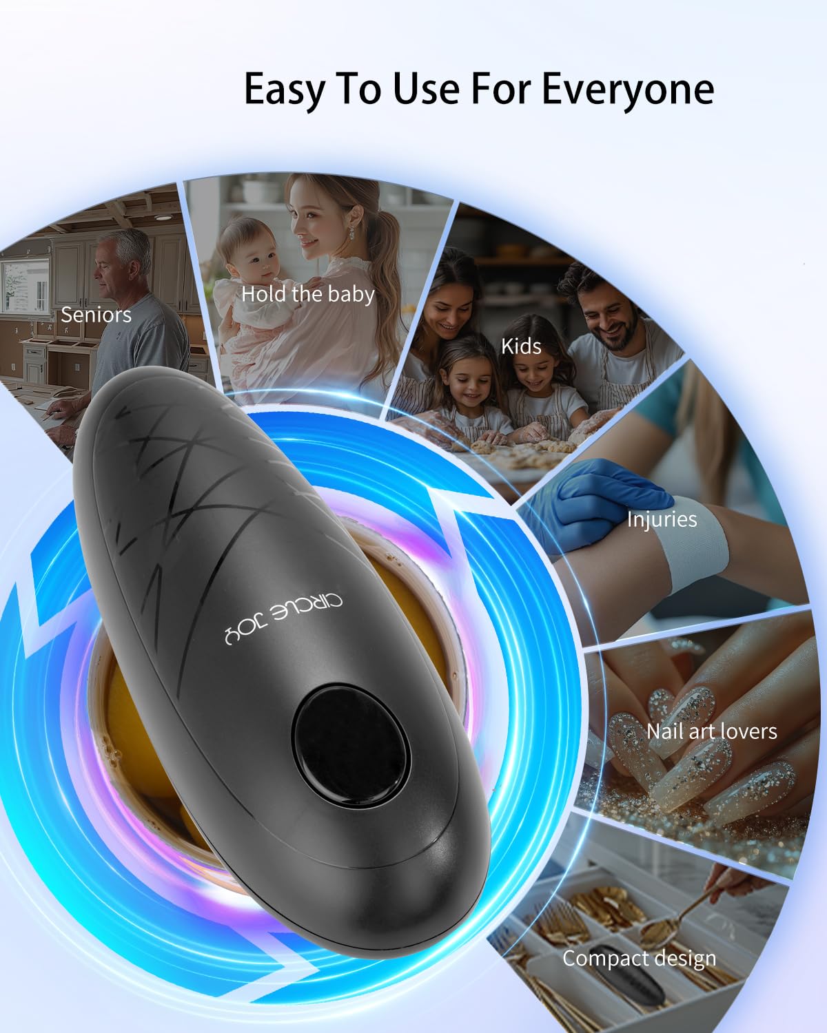 CIRCLE JOY black handheld can opener blends modern style with practical functionality.