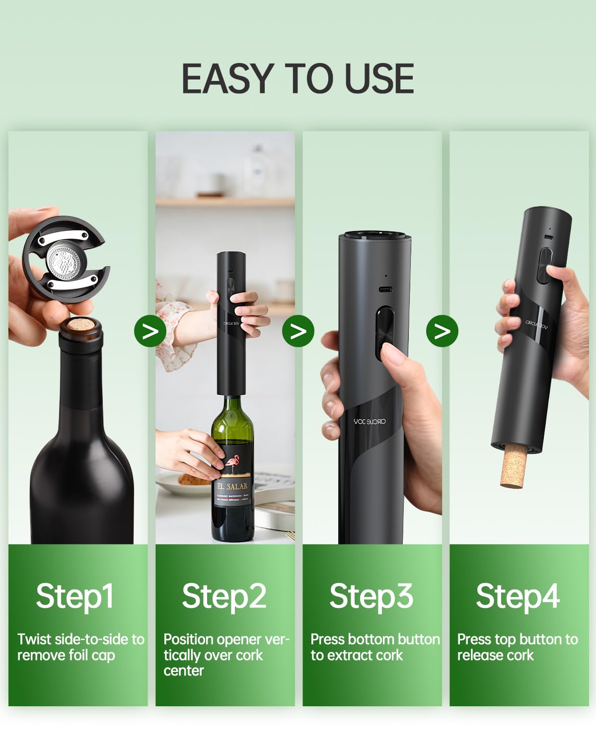 Circle Joy corkscrew with CD-button design provides smooth control