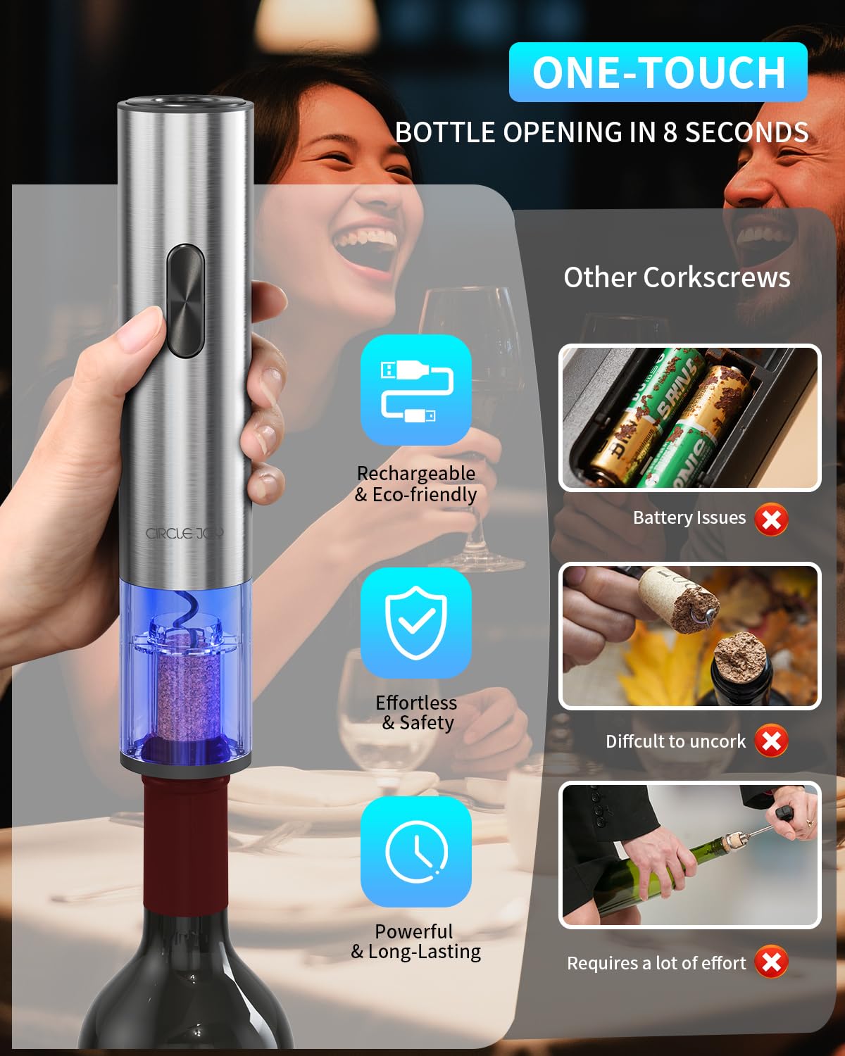 CIRCLE JOY corkscrew uncorks a bottle smoothly with a simple button press