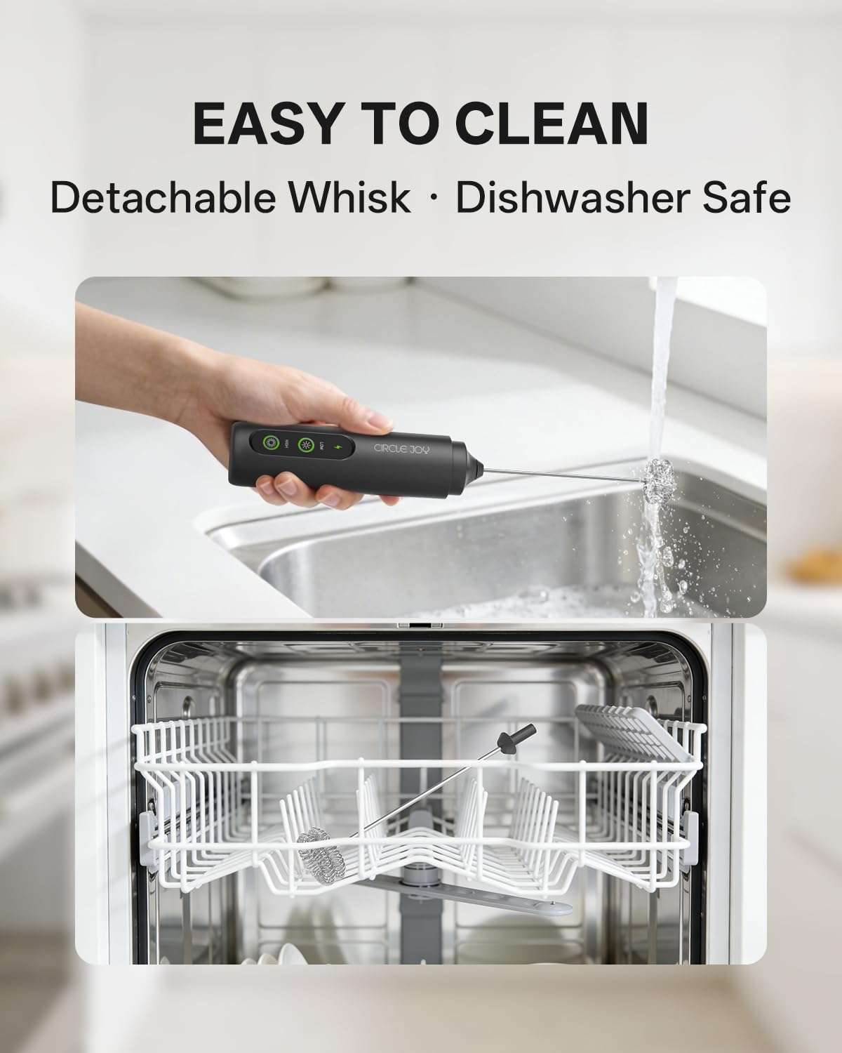Circle Joy frother being cleaned with water rinse and dishwasher option