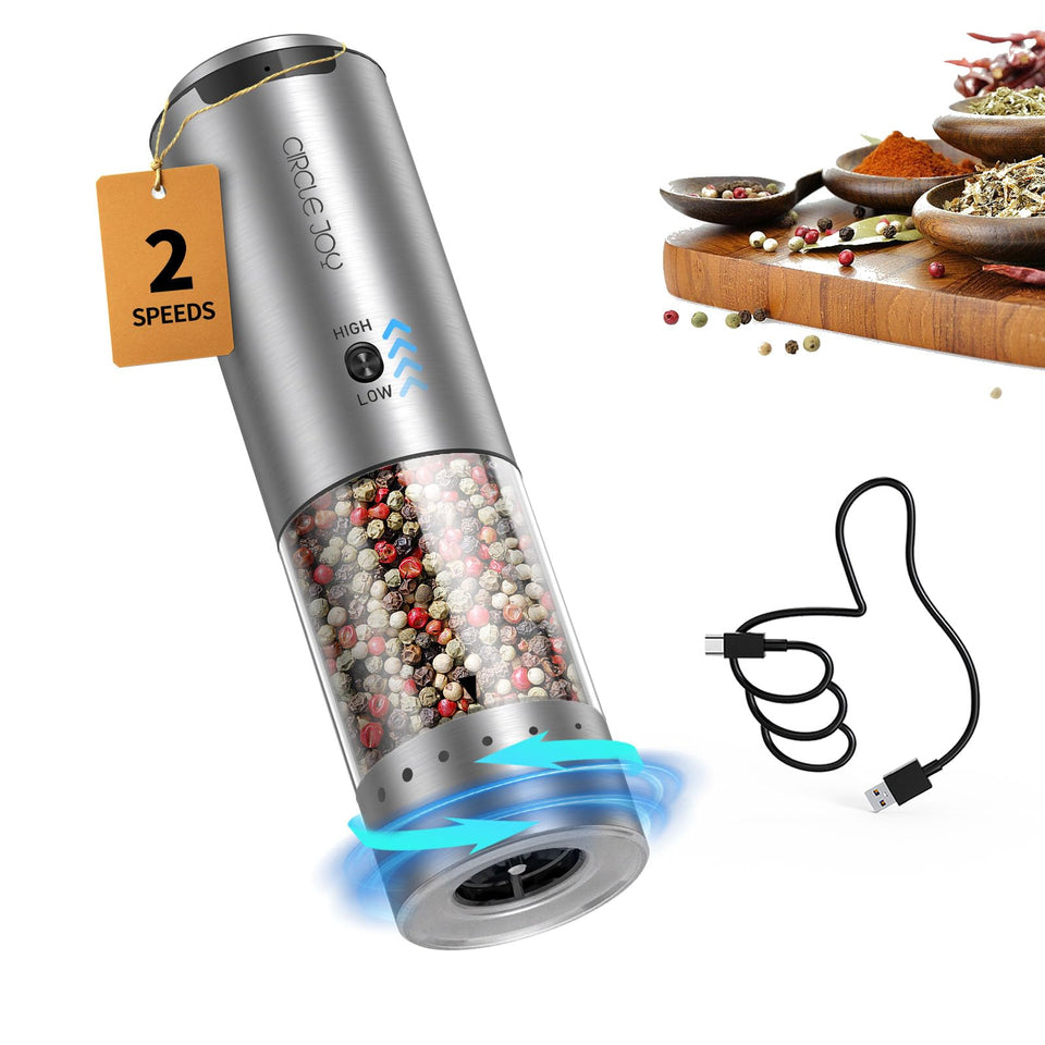 Circle Joy electric pepper grinder with stainless steel body and LED light for precise seasoning.