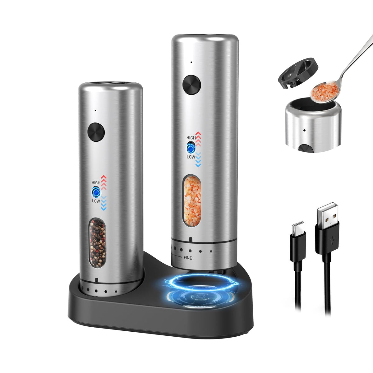 Circle Joy electric salt grinder with recharge base for easy seasoning