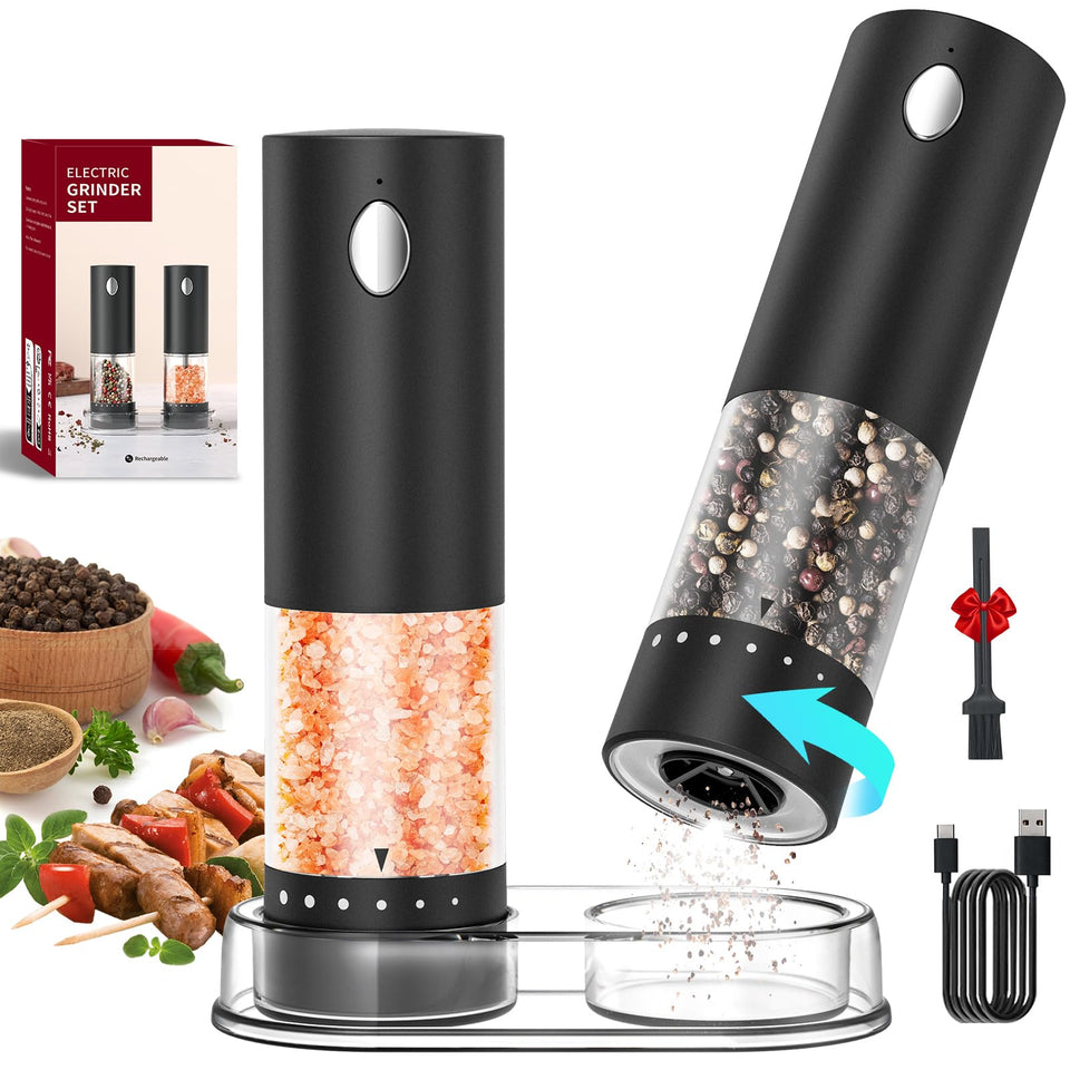Circle Joy electric salt and pepper grinder set on storage base ready for daily use