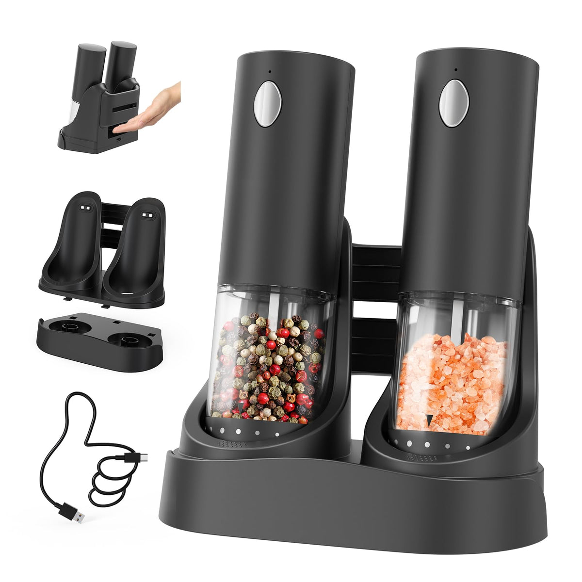 Circle Joy electric salt and pepper grinder base charging dock enables simultaneous charging.