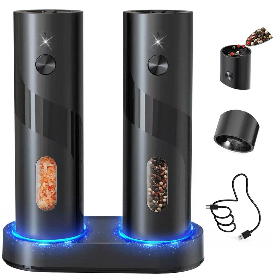 Circle Joy electric salt and pepper grinders with top-loading design for mess-free refills.