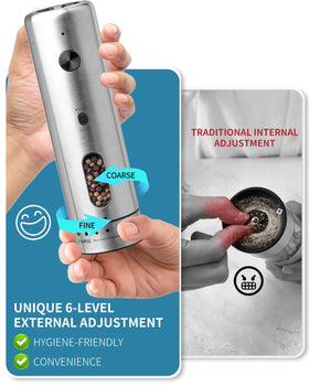 External coarseness adjustment knob on Circle Joy grinder for precise texture