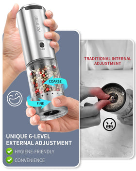 Circle Joy external coarseness adjustment keeps hands clean while seasoning.