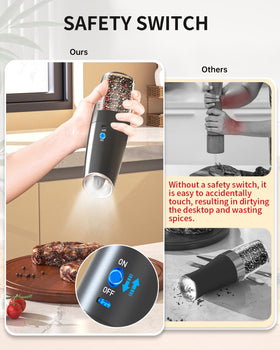 Circle Joy gravity grinder in use seasoning a dish with salt and pepper.