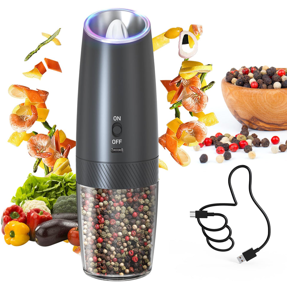 Circle Joy gravity electric pepper grinder front view for quick one-handed seasoning.