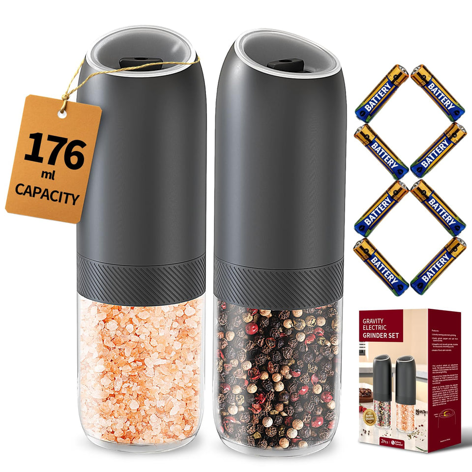 Circle Joy gravity electric grinder tilting over food for one-handed use.
