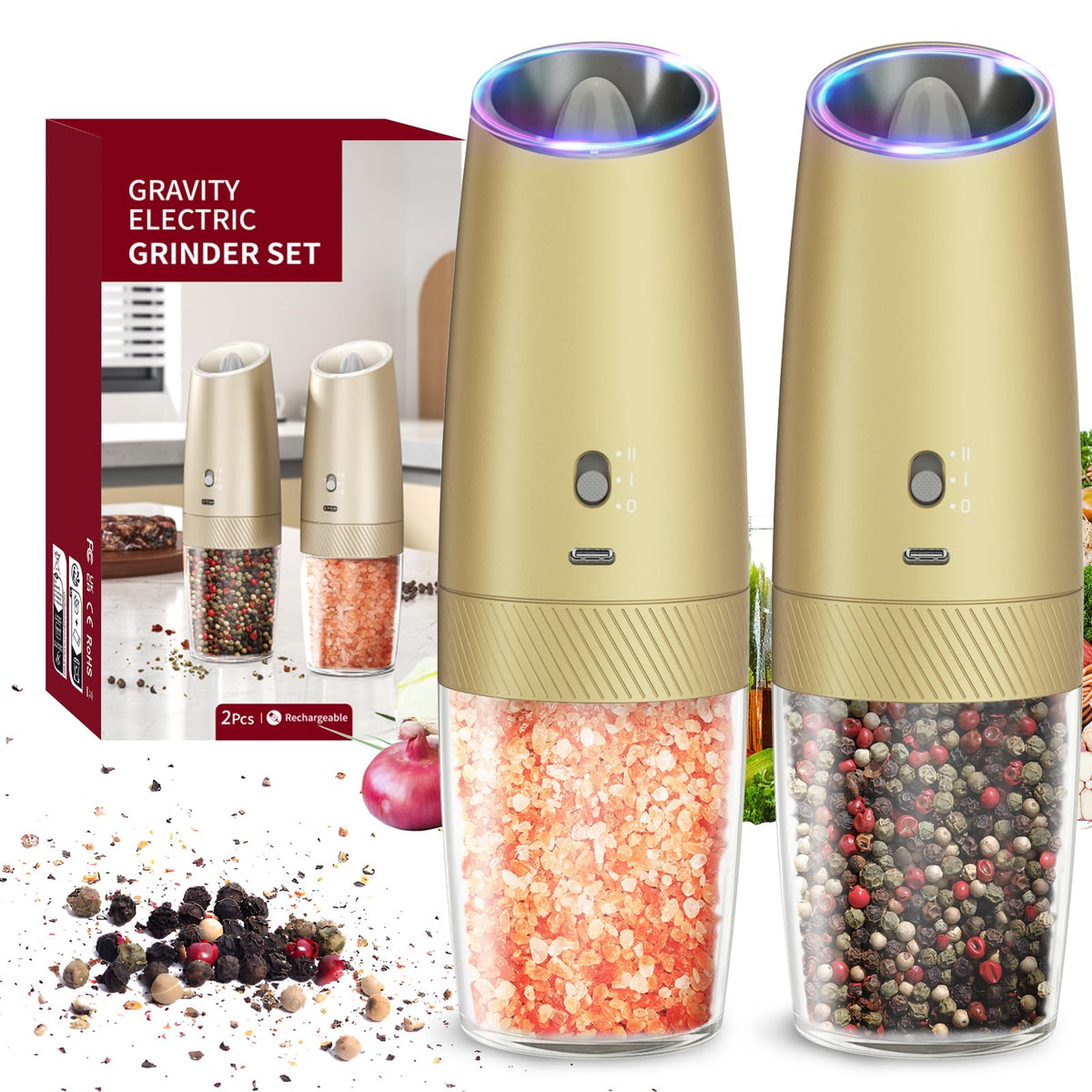 Circle Joy gravity grinder with 2-speed operation for precise seasoning.