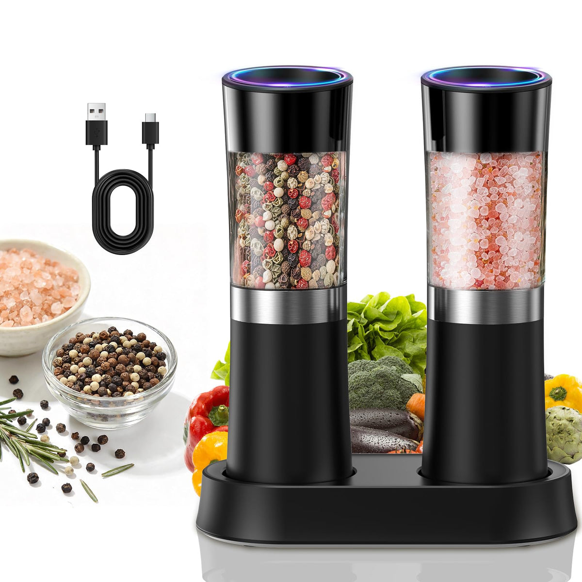 Circle Joy gravity salt grinder on base for effortless one handed seasoning