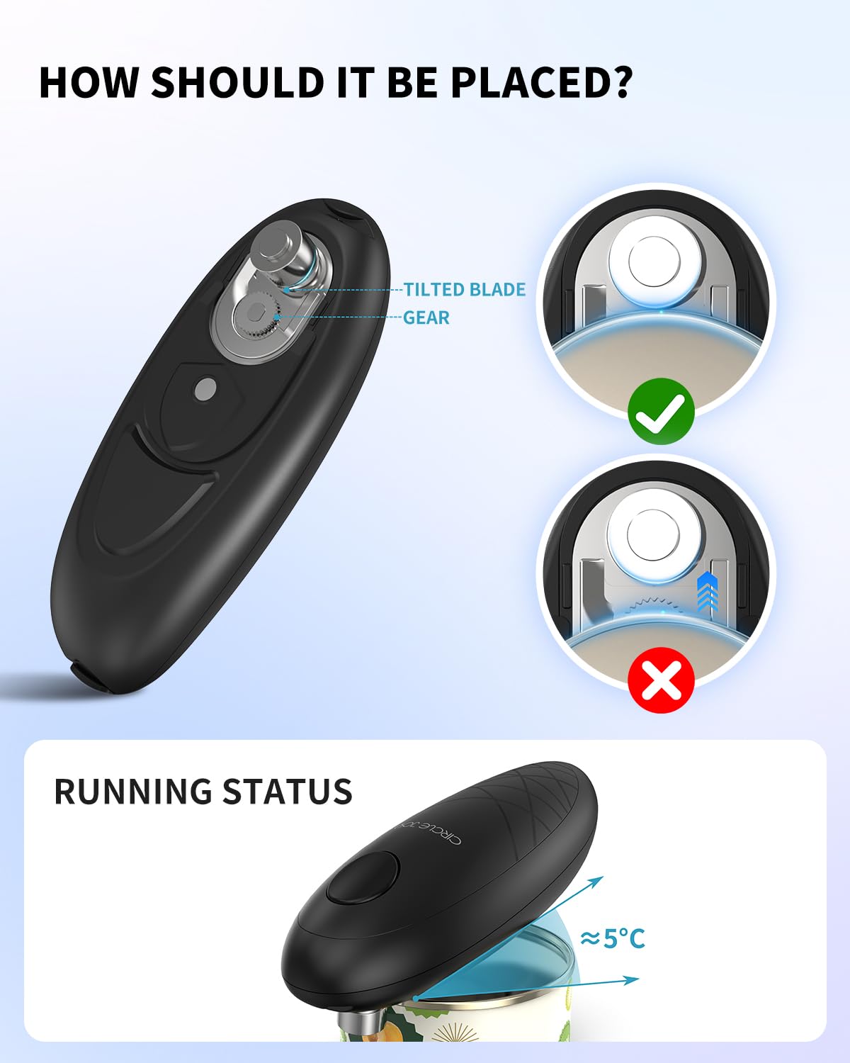 CIRCLE JOY hands-free design keeps hands clean during can opening.