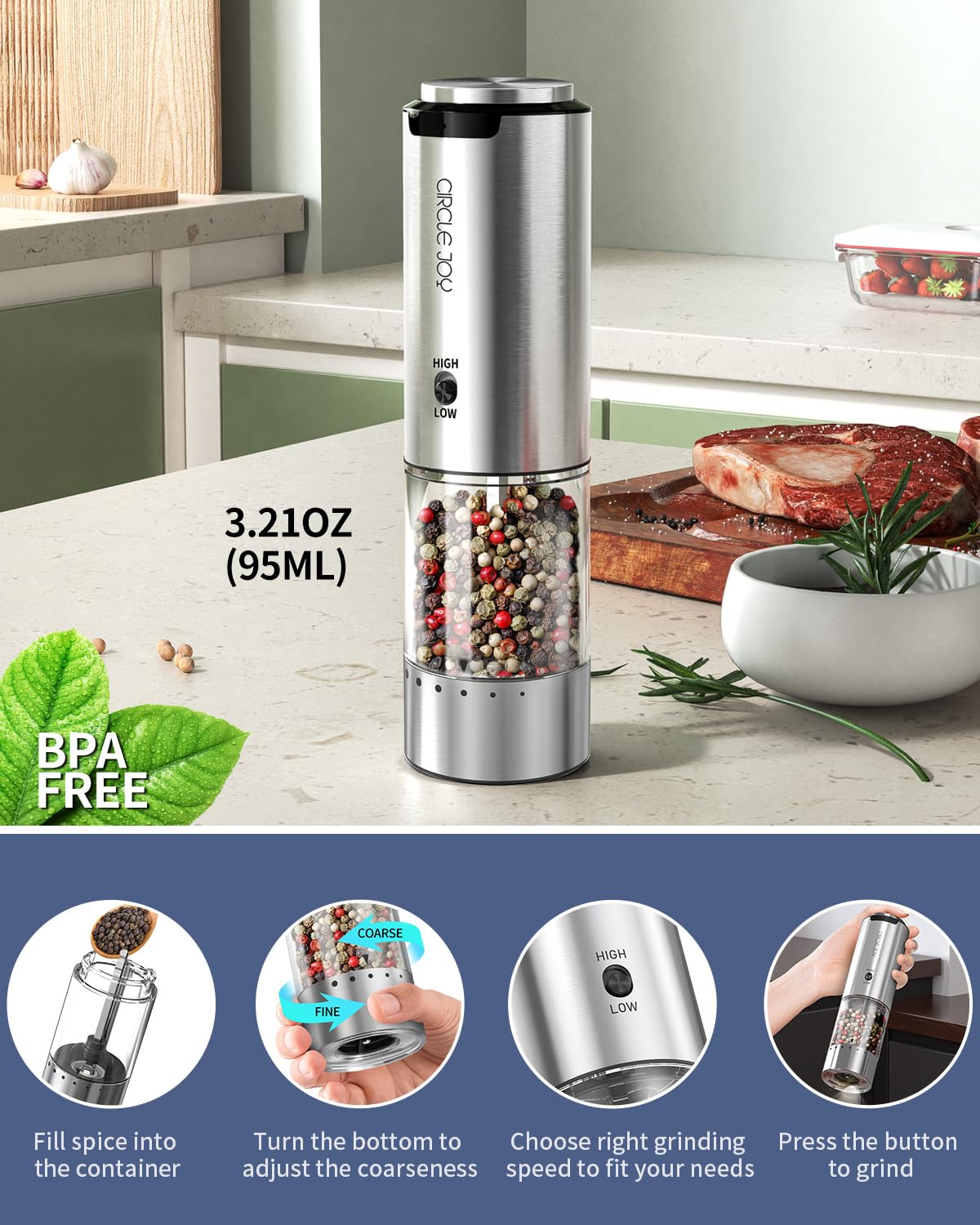 Circle Joy stainless steel design with large top buttons for easy use.