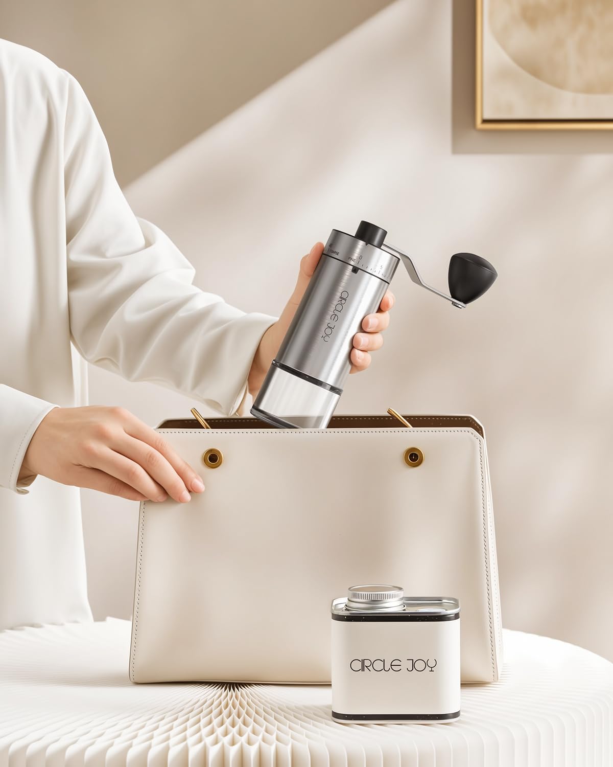 Circle Joy Mini Grinder in use on a travel setup for fresh grounds.