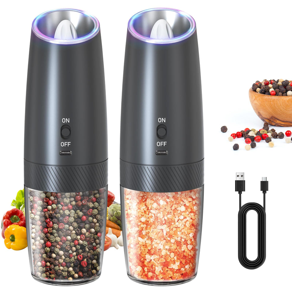 Circle Joy rechargeable gravity salt and pepper grinder in action for effortless one-handed seasoning.