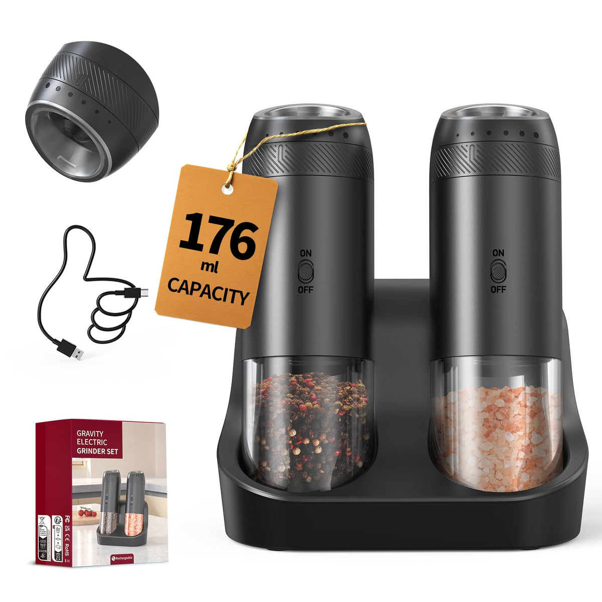 Circle Joy rechargeable gravity grinder shown ready for effortless table seasoning