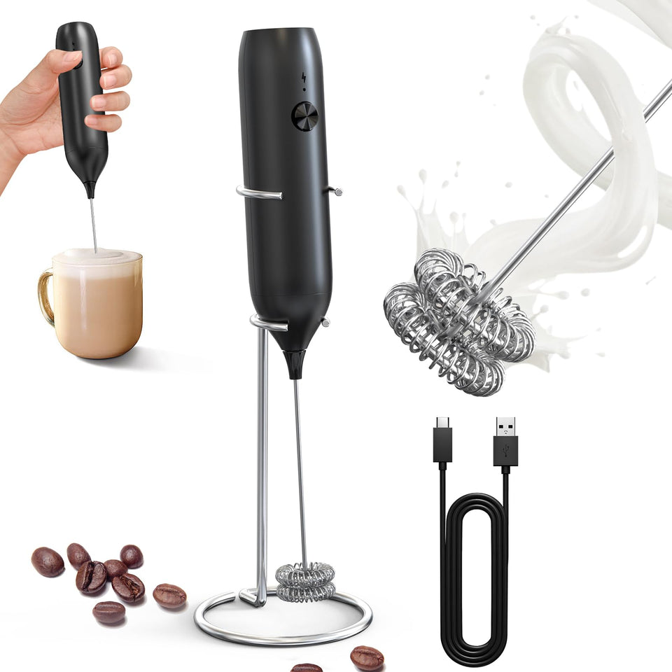 Circle Joy rechargeable milk frother wand with stand creates creamy foam quickly