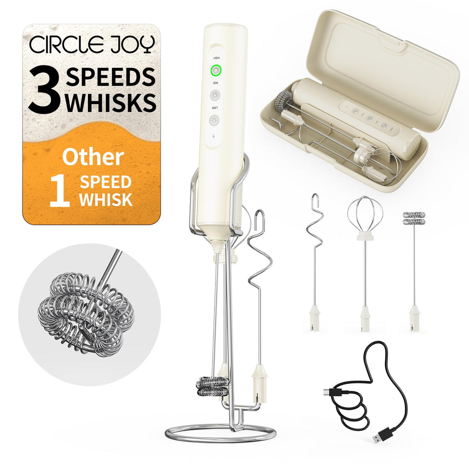 Circle Joy rechargeable milk frother wand on its stand for tidy countertop storage