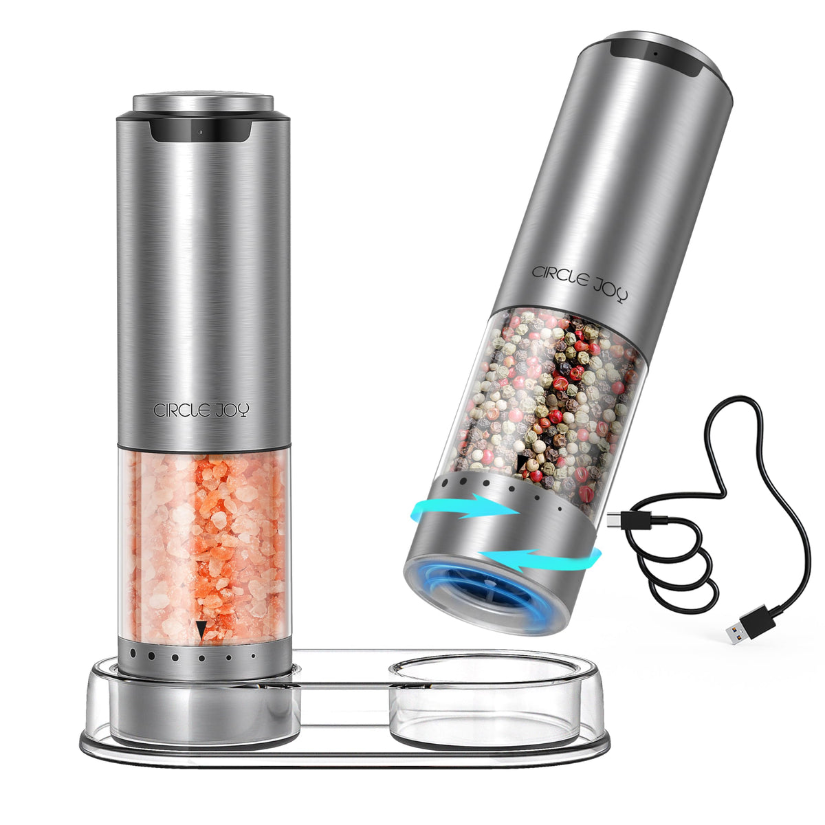 Circle Joy rechargeable salt and pepper grinder on its base for clean grinding