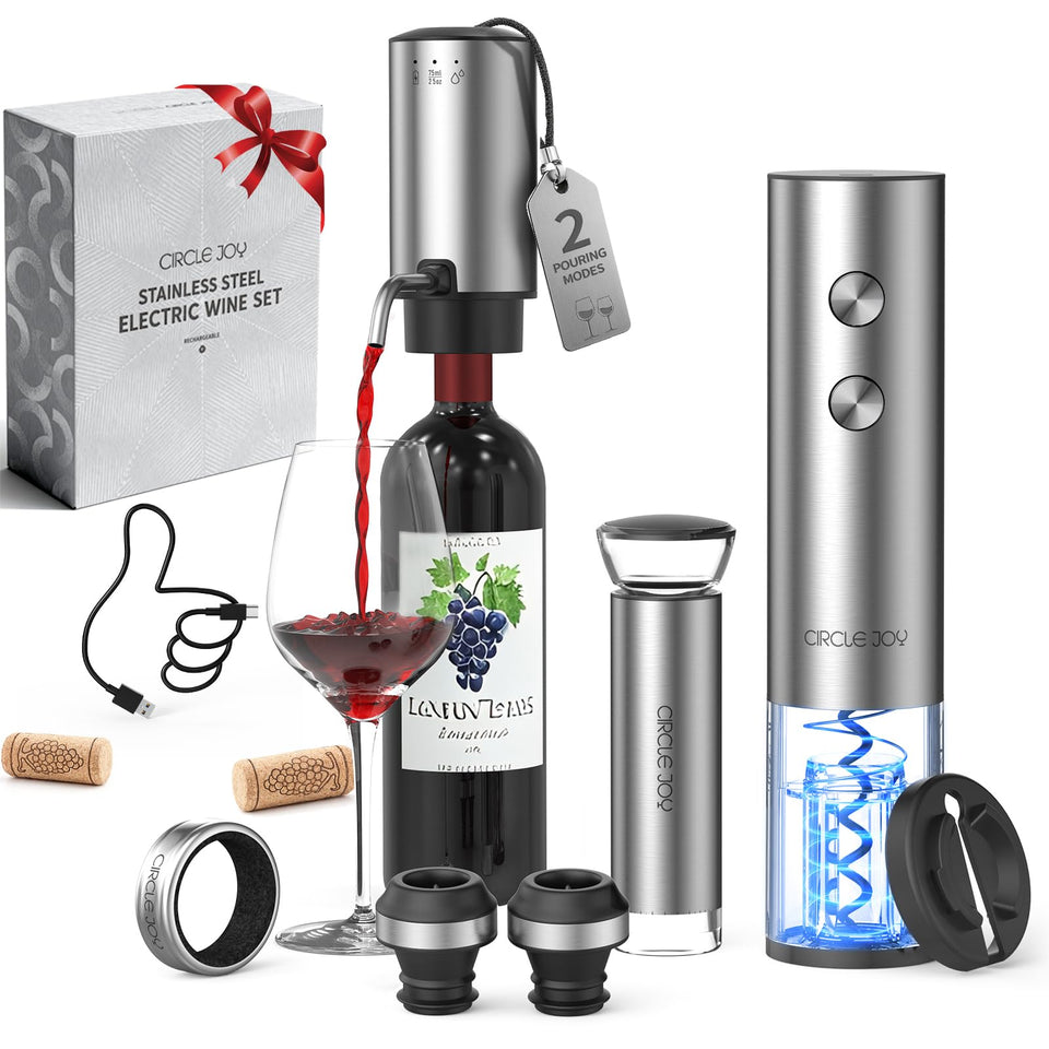Circle Joy rechargeable wine opener in action removing a cork quickly