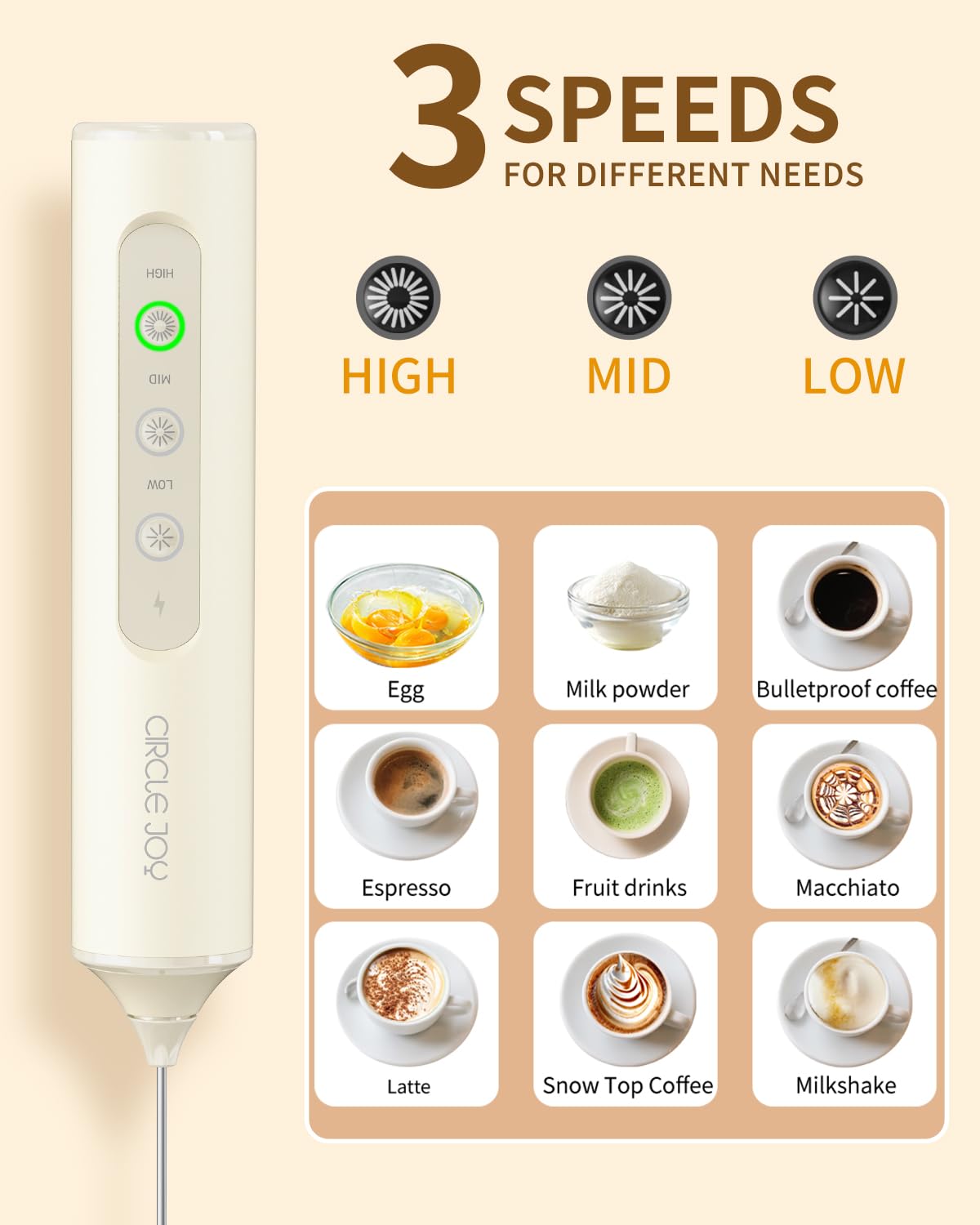 Circle Joy three stainless steel whisks for latte foam, eggs, and powders