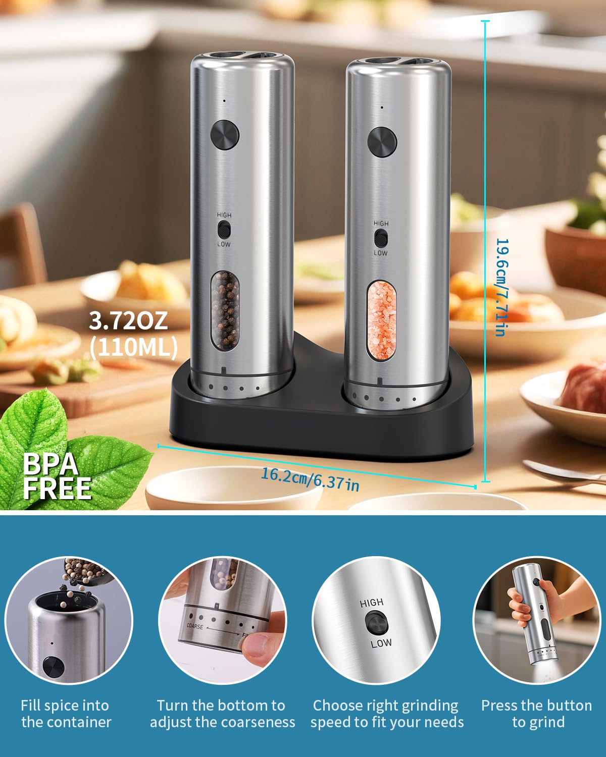 Top-fill 110ml container on Circle Joy salt and pepper grinders