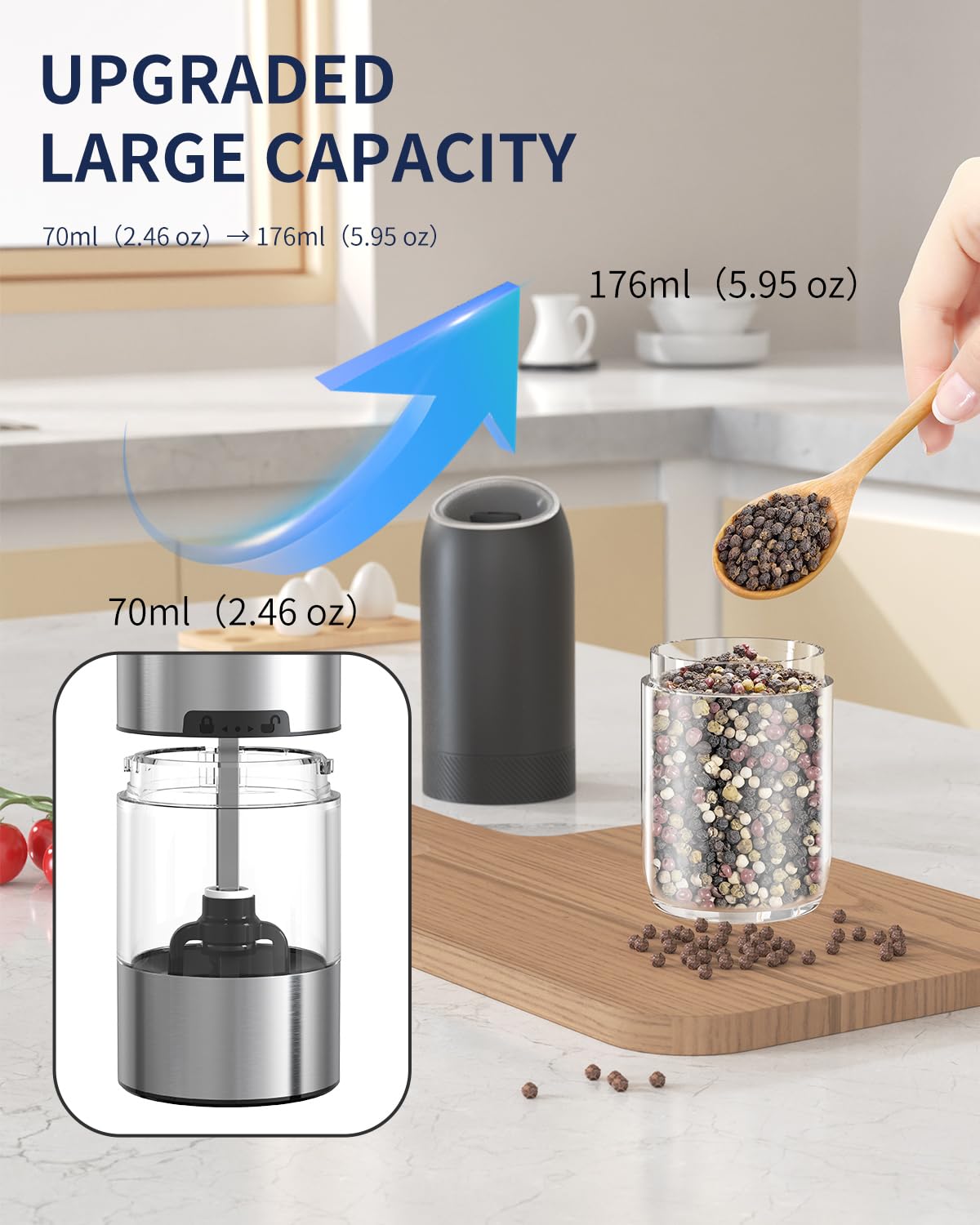 Circle Joy transparent hopper shows spice levels at a glance.