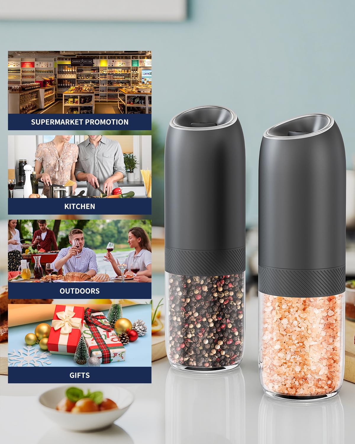 Circle Joy two-grinder set designed for convenient at-table seasoning.