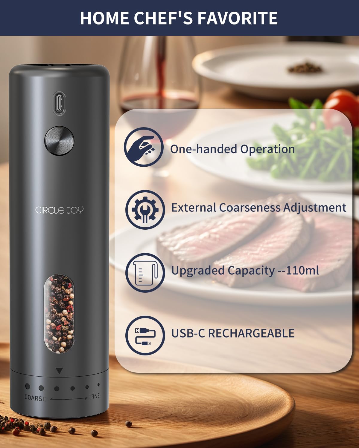 Circle Joy USB-C rechargeable pepper grinder stays ready for uninterrupted seasoning