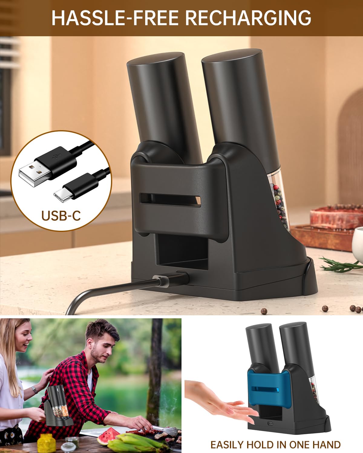 Circle Joy USB charging base powering both grinders for quick setup.