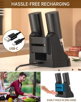 Circle Joy USB charging base powering both grinders for quick setup.