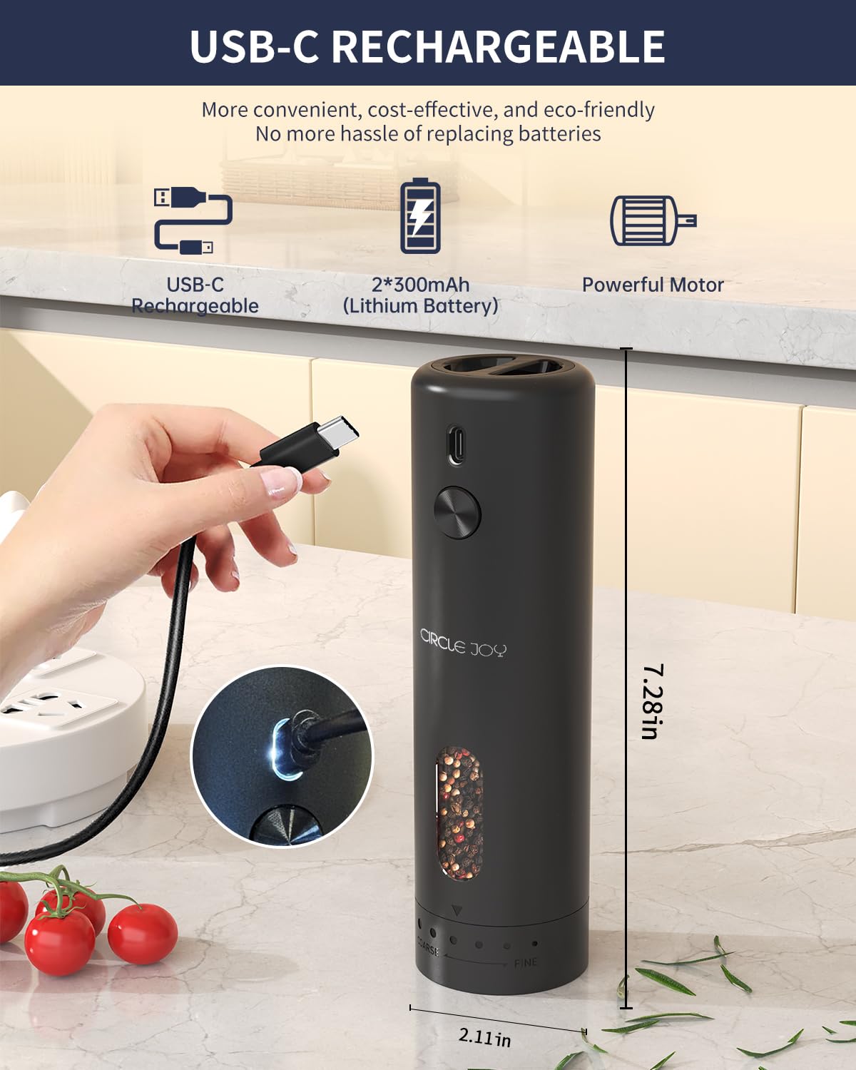 CIRCLE JOY white LED light activates during use for precise grinding.