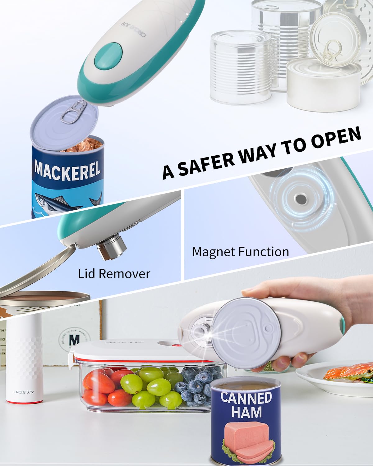 Circle Joy battery-powered can opener works with four AA batteries for versatile use.