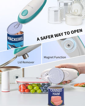 Circle Joy battery-powered can opener works with four AA batteries for versatile use.