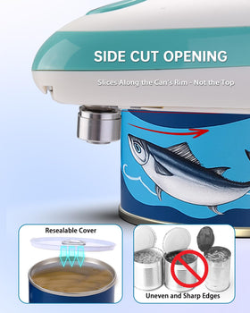 Circle Joy can opener demonstrates smooth-cut action to prevent sharp edges.