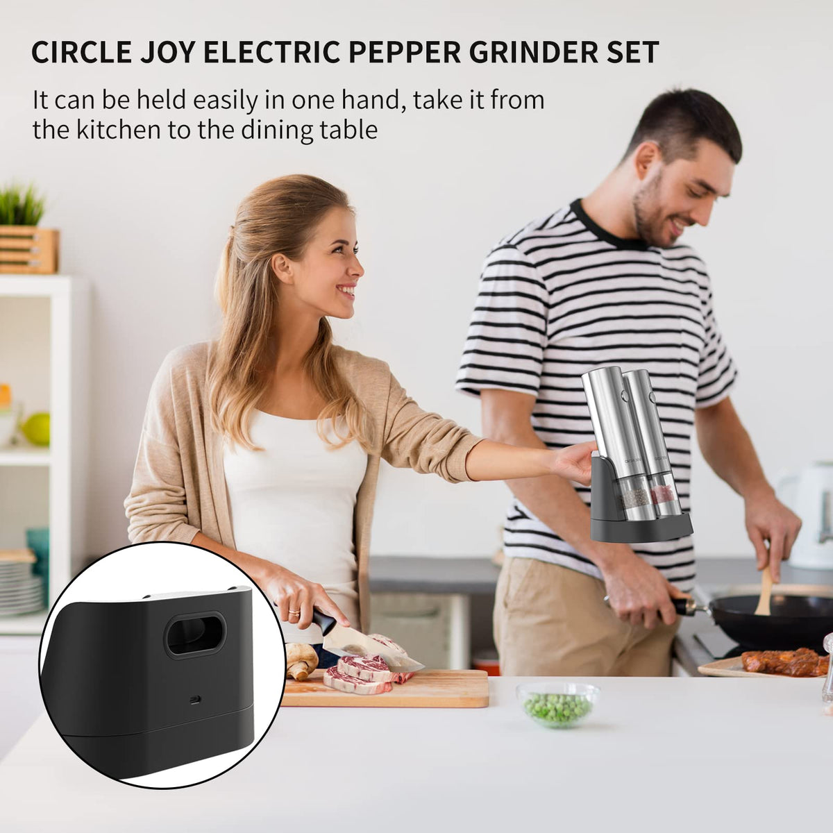 Circle Joy thumb-press grinder in action speeds seasoning while cooking.