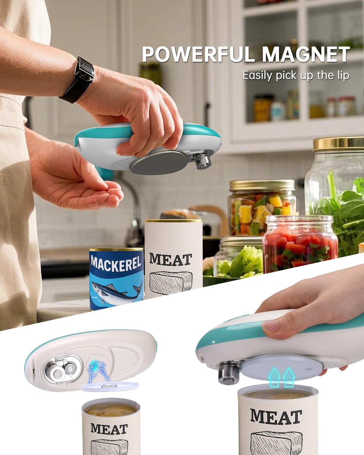 Circle Joy electric opener features a magnetic lid removal for hygienic handling.