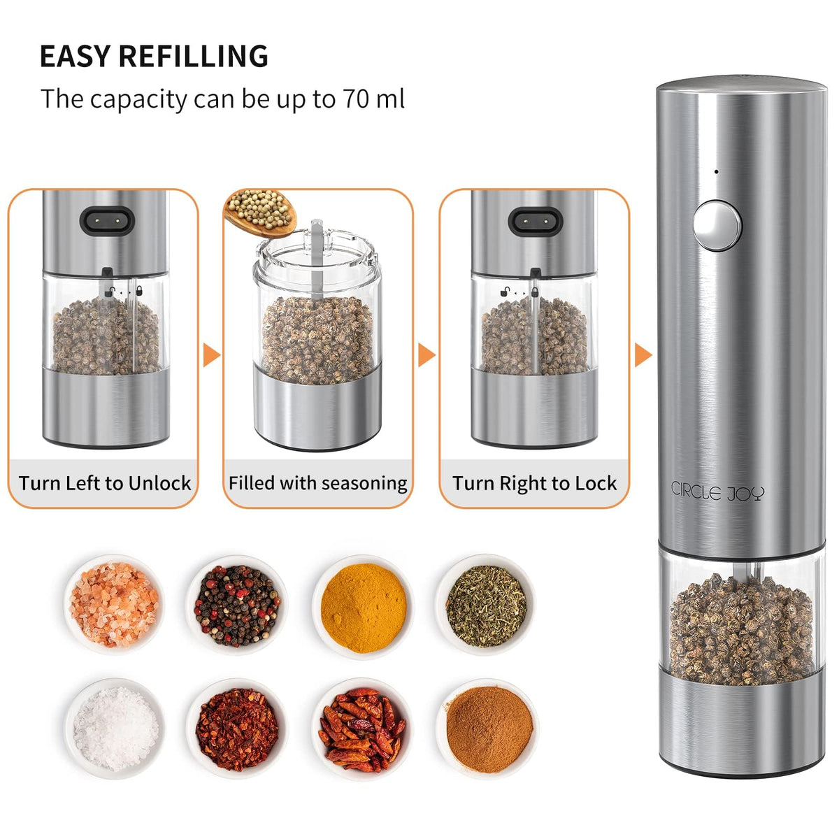 Circle Joy LED light helps see seasoning precisely during grinding.