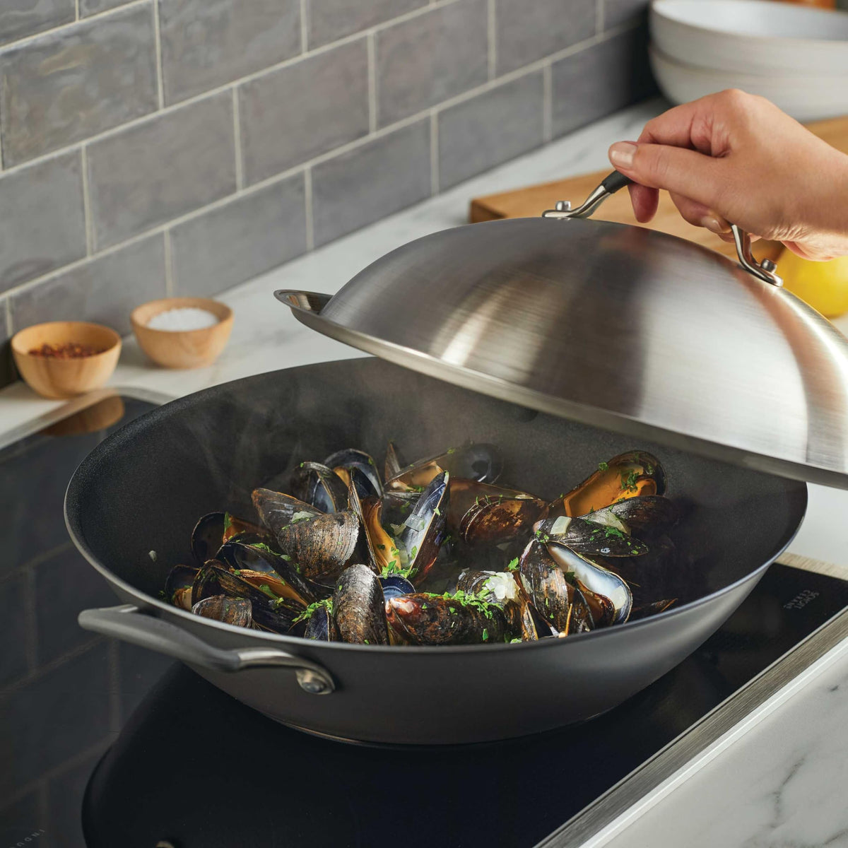 Circulon A1 edge-to-edge induction base highlights fast, even heat distribution.