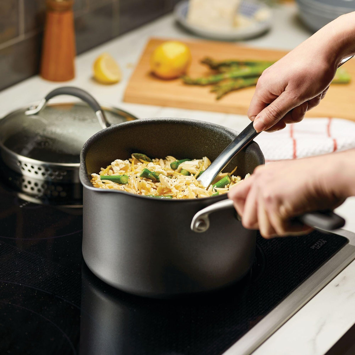 Circulon A1 induction-ready base ensures fast, even heating on the stove